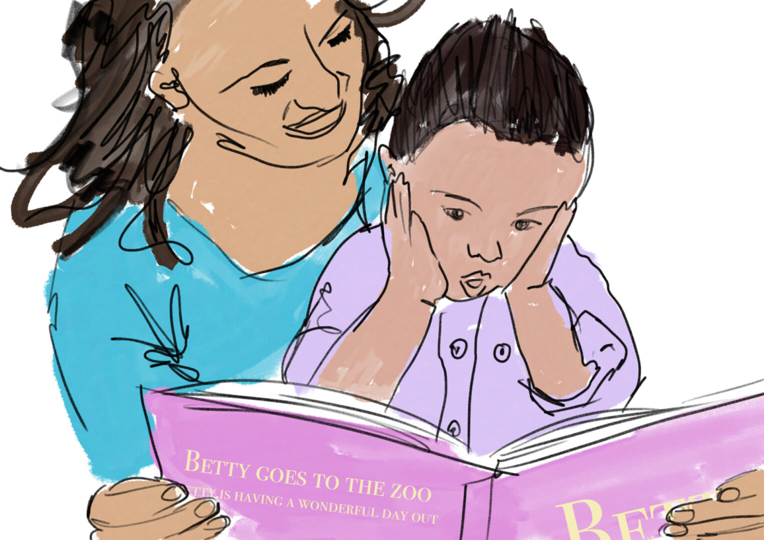 A woman and child reading a book together.