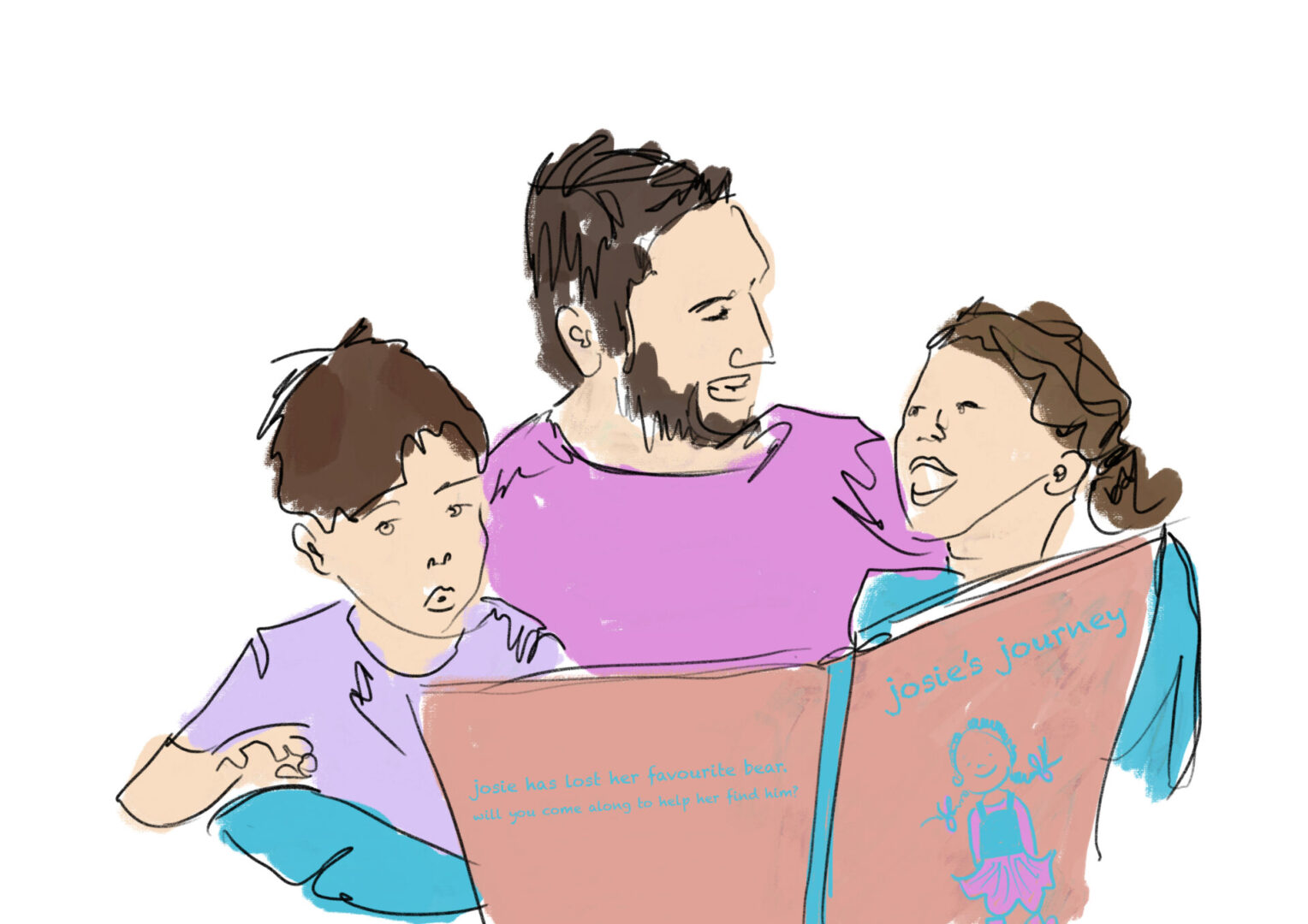 A man and two children reading a book.