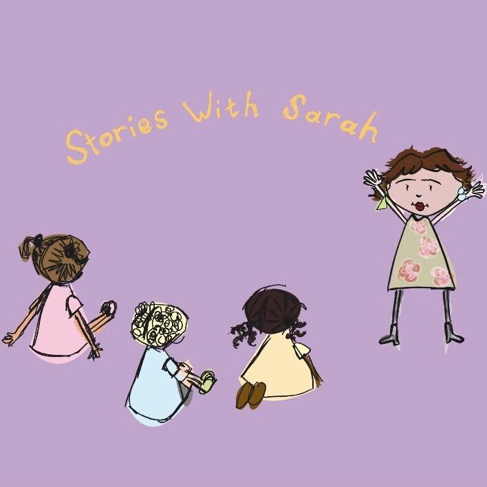 A drawing of four children with the words " stories with surah ".